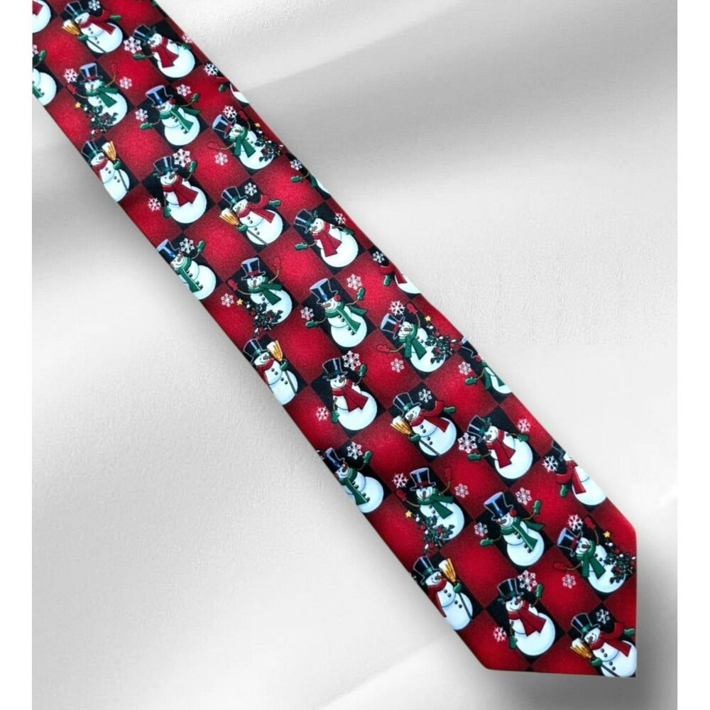VTG Hallmark Snowman Holiday Neck Tie Snowflakes Christmas Tree Party Novelty